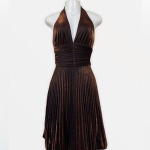 Vintage Cache Copper Bronze Halter Marilyn Style Metallic Pleated Dress